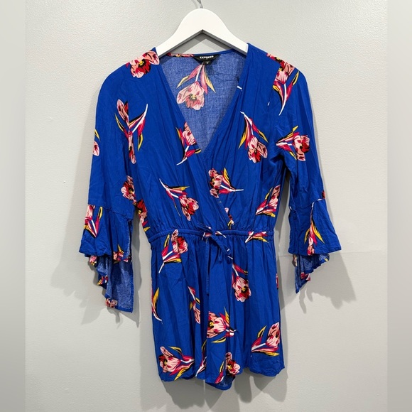 Express Blue Floral Bell Sleeve Romper women’s - Size XS - Picture 1 of 8